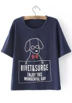 Romwe With Bow Dog Print Navy T-shirt