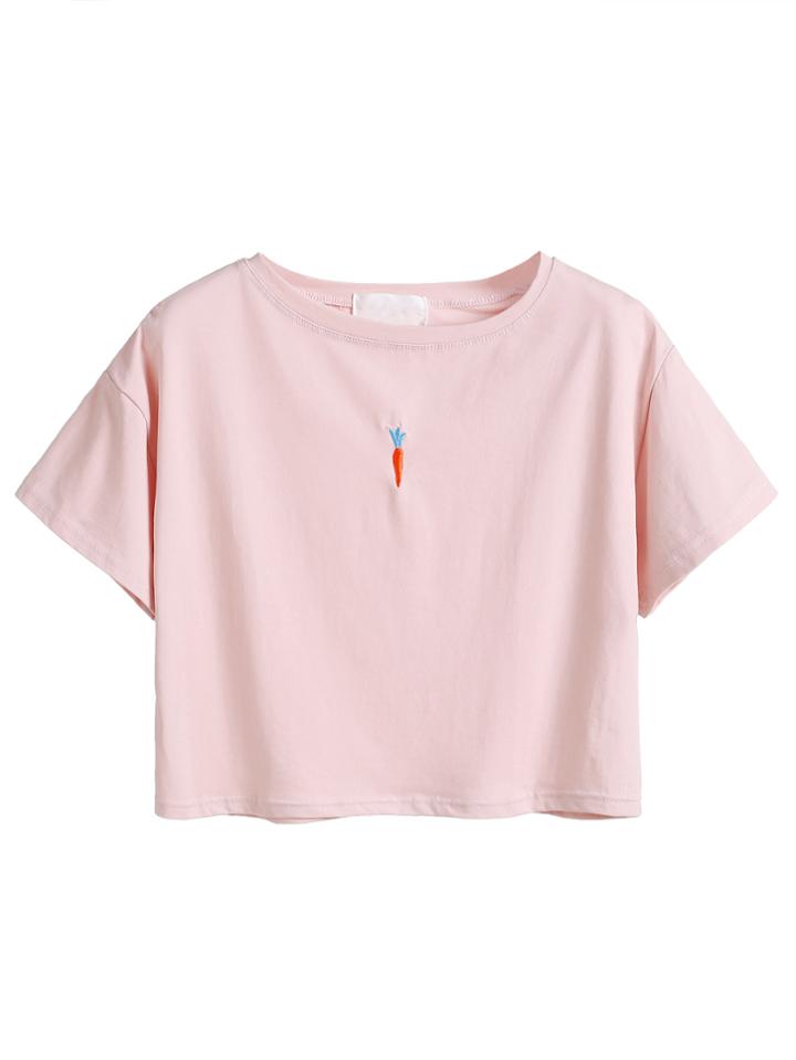 Romwe Pink Carrot Embroidery Short Sleeve T-shirt