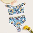 Romwe Random Mandala Print Cross Shoulder High Waist Bikini