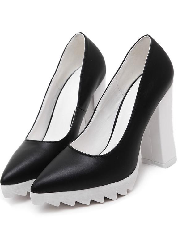Romwe Black Pointed Toe High Block Heel Platform Pumps