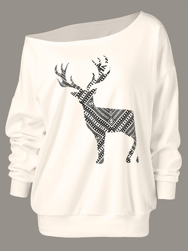 Romwe One Shoulder Elk Print Sweatshirt