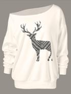Romwe One Shoulder Elk Print Sweatshirt