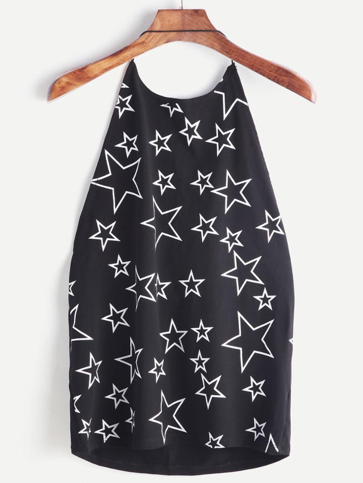 Romwe Black Star Print Halter Cami Top