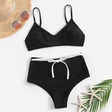 Romwe Thin Strap Top With Self Tie High Waist Bikini