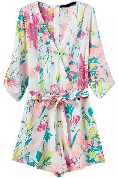 Romwe Multicolor V Neck Floral Tie-waist Jumpsuit