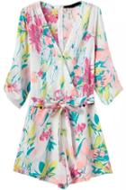Romwe Multicolor V Neck Floral Tie-waist Jumpsuit