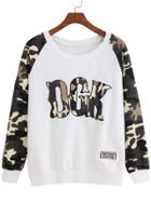 Romwe Camouflage Letter Embroidered White Sweatshirt