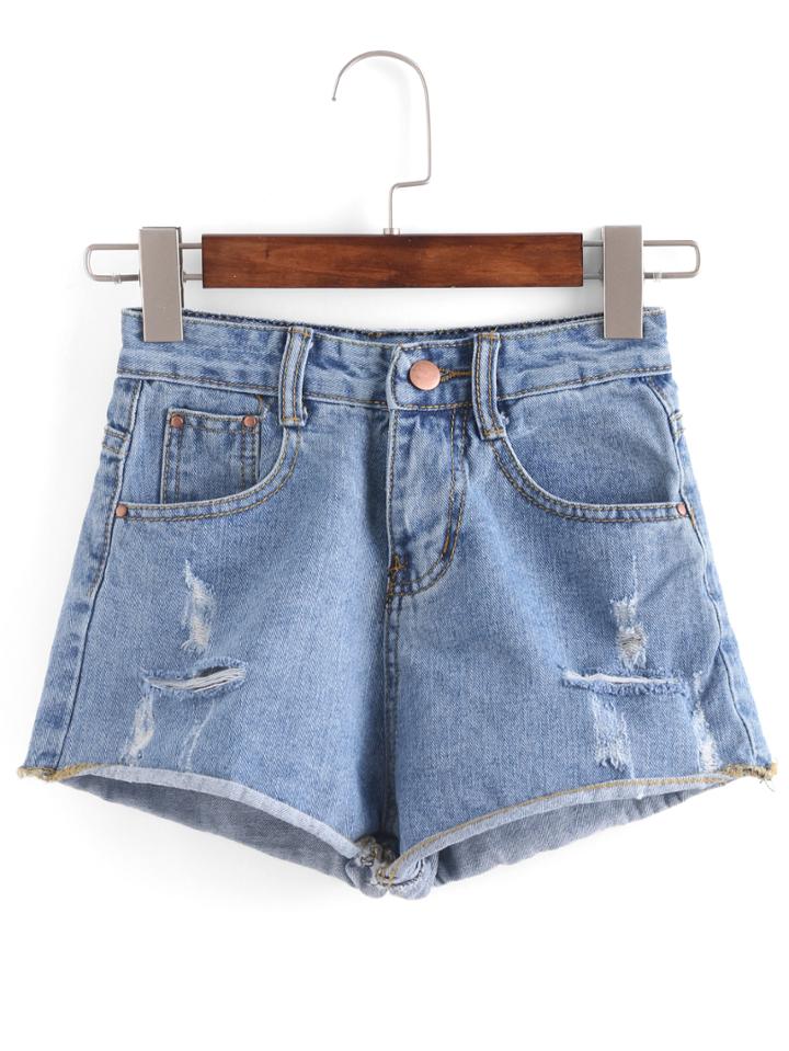 Romwe Ripped Raw Hem Blue Denim Shorts