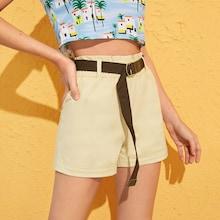 Romwe Solid Belted Ruffle Trim Utility Shorts