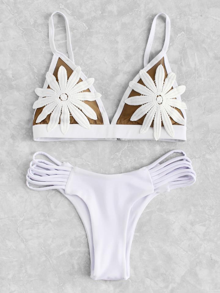 Romwe Flower Applique Ladder Cut Out Bikini Set
