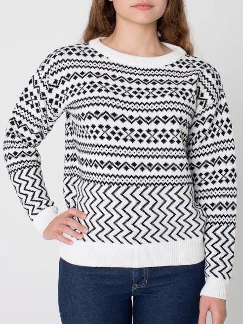 Romwe White Black Round Neck Jacquard Sweater