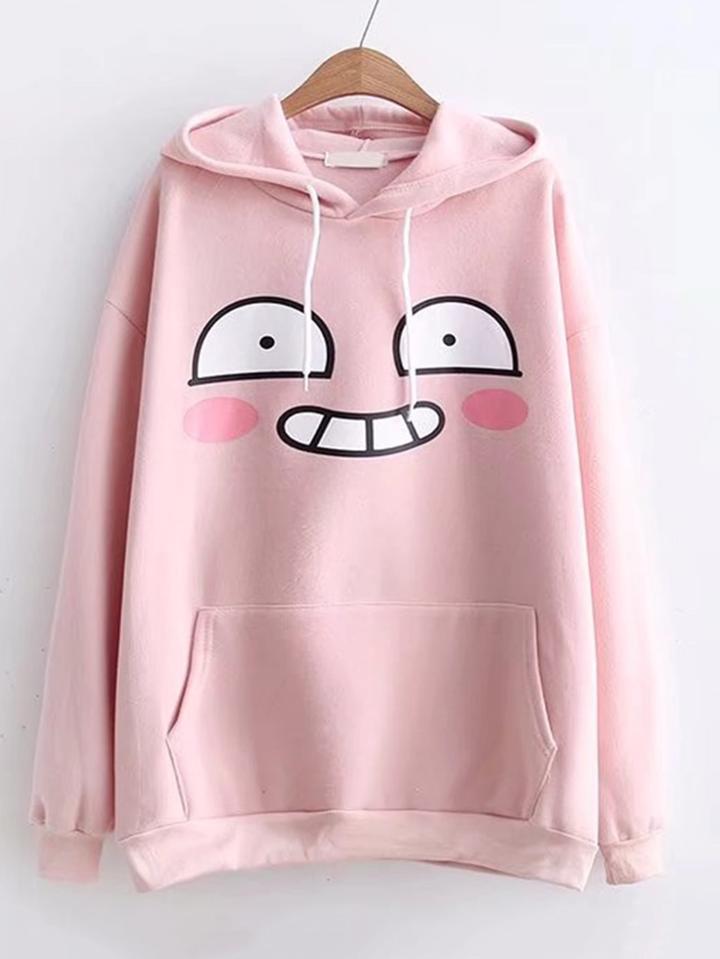 Romwe Cartoon Print Kangaroo Pocket Hoodie