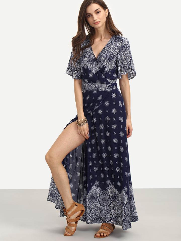 Romwe Multicolor Print V Neck Half Sleeve Split Dress