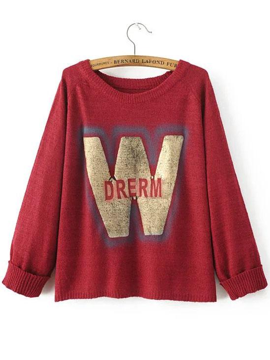 Romwe Red Letter Print Raglan Sleeve Sweater