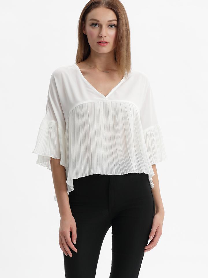 Romwe White Bell Sleeve Ruffle Blouse