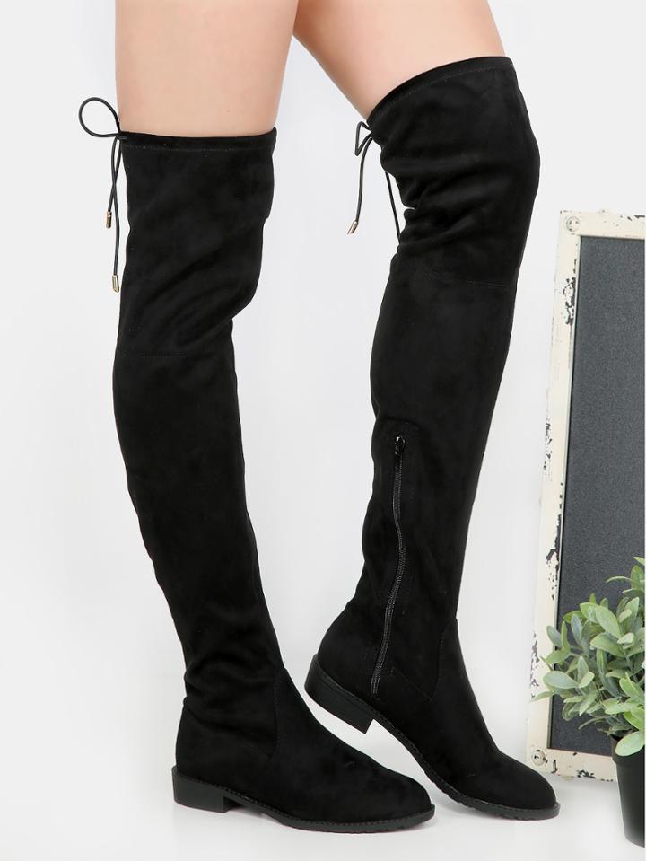 Romwe Flat Heel Thigh High Boots Black