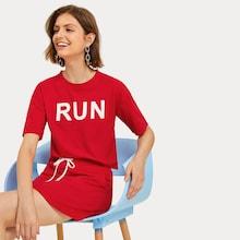 Romwe Letter Print Tee & Drawstring Waist Skirt