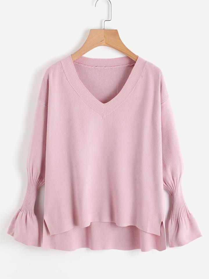 Romwe V Neckline Flare Sleeve Dip Hem Sweater