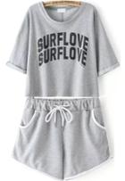 Romwe Letter Print Top With Drawstring Grey Shorts