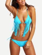 Romwe Halter Fringe Triangle Bikini Set