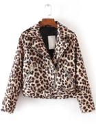 Romwe Leopard Oblique Zipper Jacket With Belt