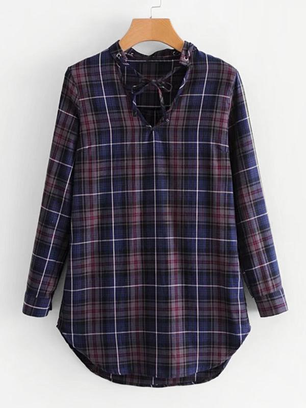 Romwe Tie Neck Dolphin Hem Plaid Shirt Dress