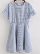 Romwe Blue Stripe Ruffle Cuff Pleated Dress