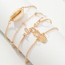 Romwe Pineapple & Letter Decor Chain Bracelet 4pcs