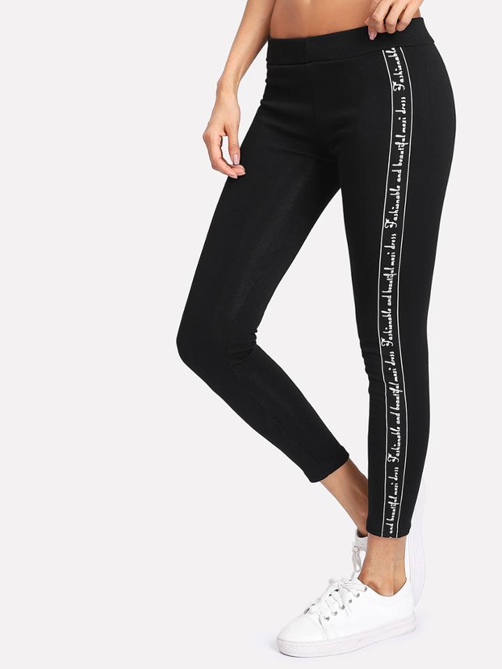 Romwe Slogan Print Tape Side Leggings