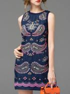 Romwe Navy Crew Neck Embroidered A-line Dress