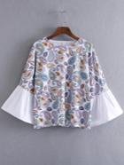 Romwe White Printed Bell Sleeve Blouse