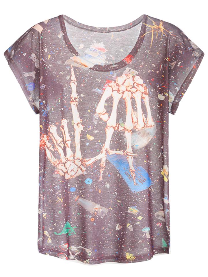 Romwe Black Printed Short Sleeve T-shirt