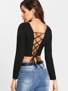 Romwe Lace Up Back Crop Tee