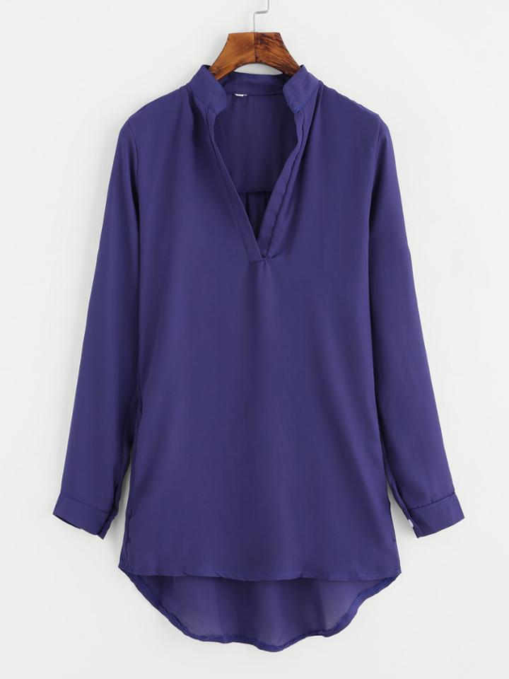 Romwe V Placket Fold Pleat Back Dip Hem Blouse