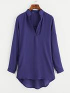 Romwe V Placket Fold Pleat Back Dip Hem Blouse