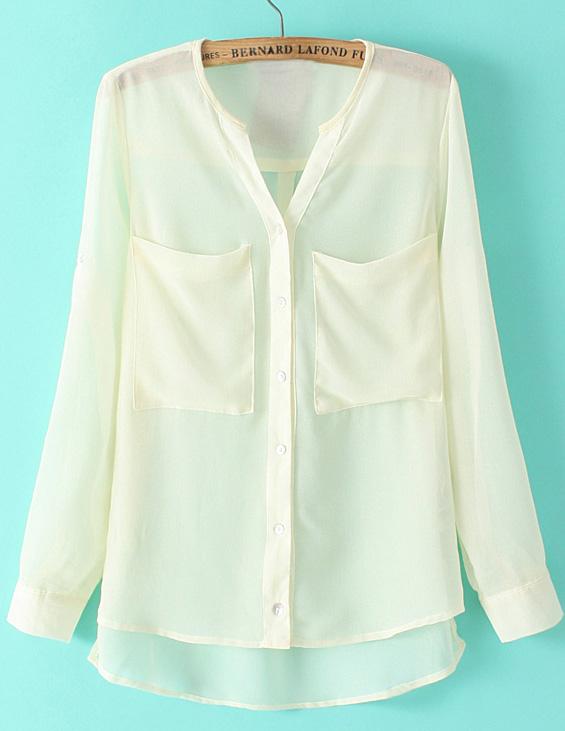 Romwe V Neck Pockets Dip Hem White Blouse