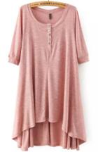 Romwe Pink Short Sleeve Buttons High Low Dress