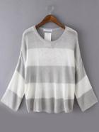 Romwe Long Sleeve Striped Open-knit Grey Sweater