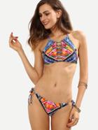Romwe Multicolor Printed Strappy Side Tie Bikini Set