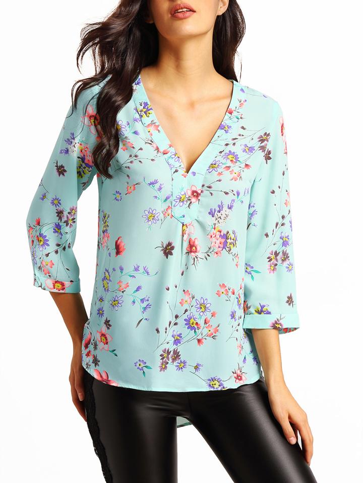 Romwe V Neck Dip Hem Florals Blouse