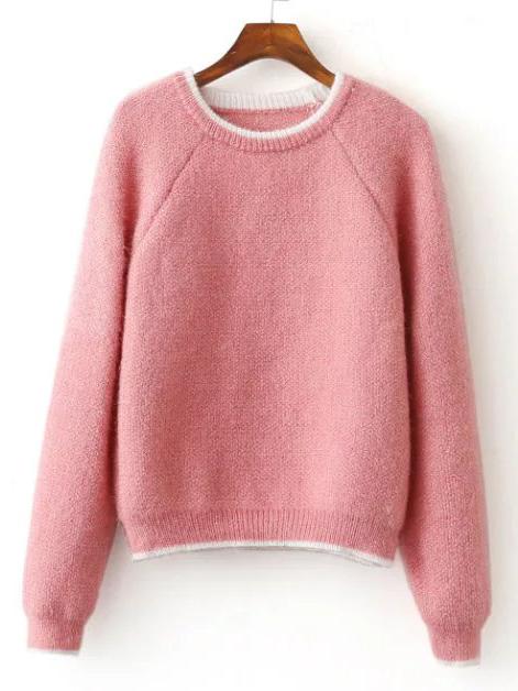Romwe Pink Contrast Trim Raglan Sleeve Mohair Sweater
