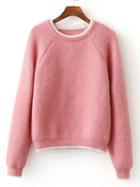 Romwe Pink Contrast Trim Raglan Sleeve Mohair Sweater