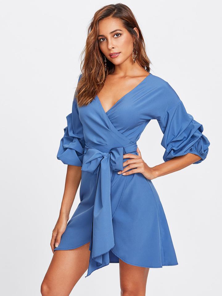 Romwe Gathered Sleeve Surplice Wrap Dress