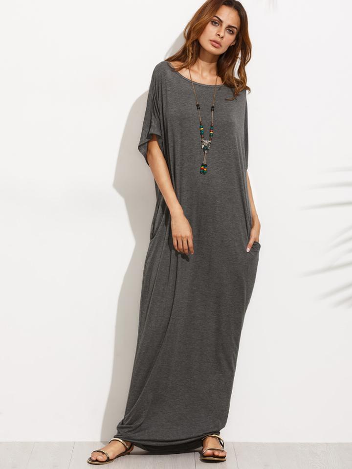 Romwe Grey Bow Cutout Back Dolman Sleeve Maxi Dress