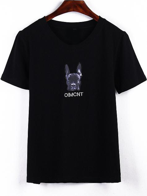 Romwe Dog Pattern Embroidered Black T-shirt