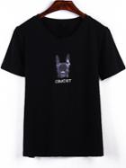 Romwe Dog Pattern Embroidered Black T-shirt