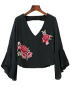 Romwe Black Bell Sleeve Open Back Blouse With Flower Patch
