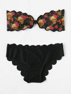 Romwe Skeleton & Rose Print Scalloped Trim Bandeau Bikini Set