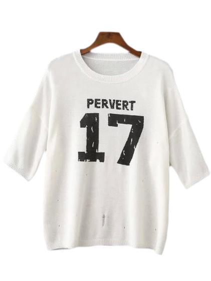 Romwe White Number Letter Print Knit T-shirt