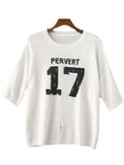 Romwe White Number Letter Print Knit T-shirt